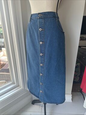 VINTAGE 90s Denim Jean Button-Front Midi Maxi Long Skirt Blue Classic Size 14